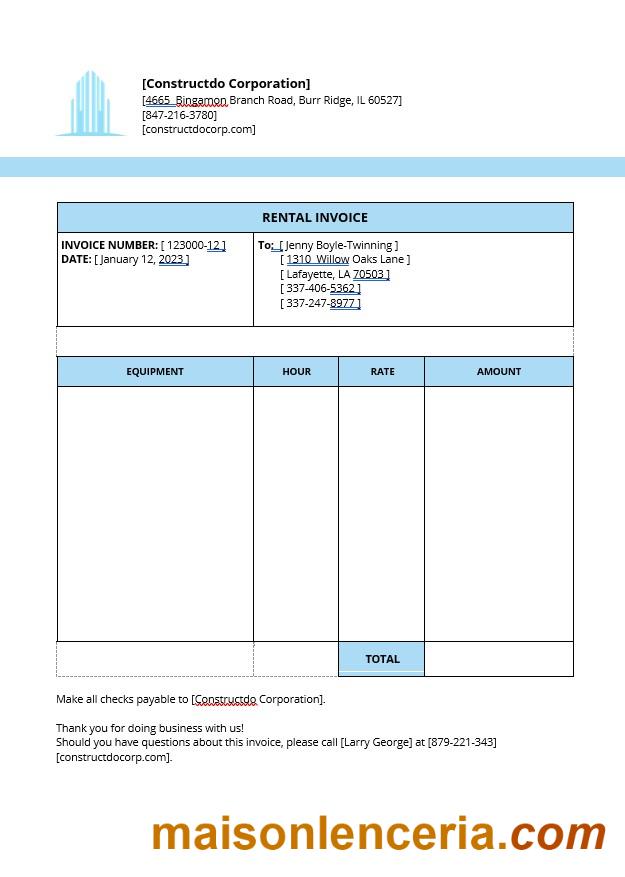 Szablon faktury wynajmu sprzętu w formatach Word i PDF